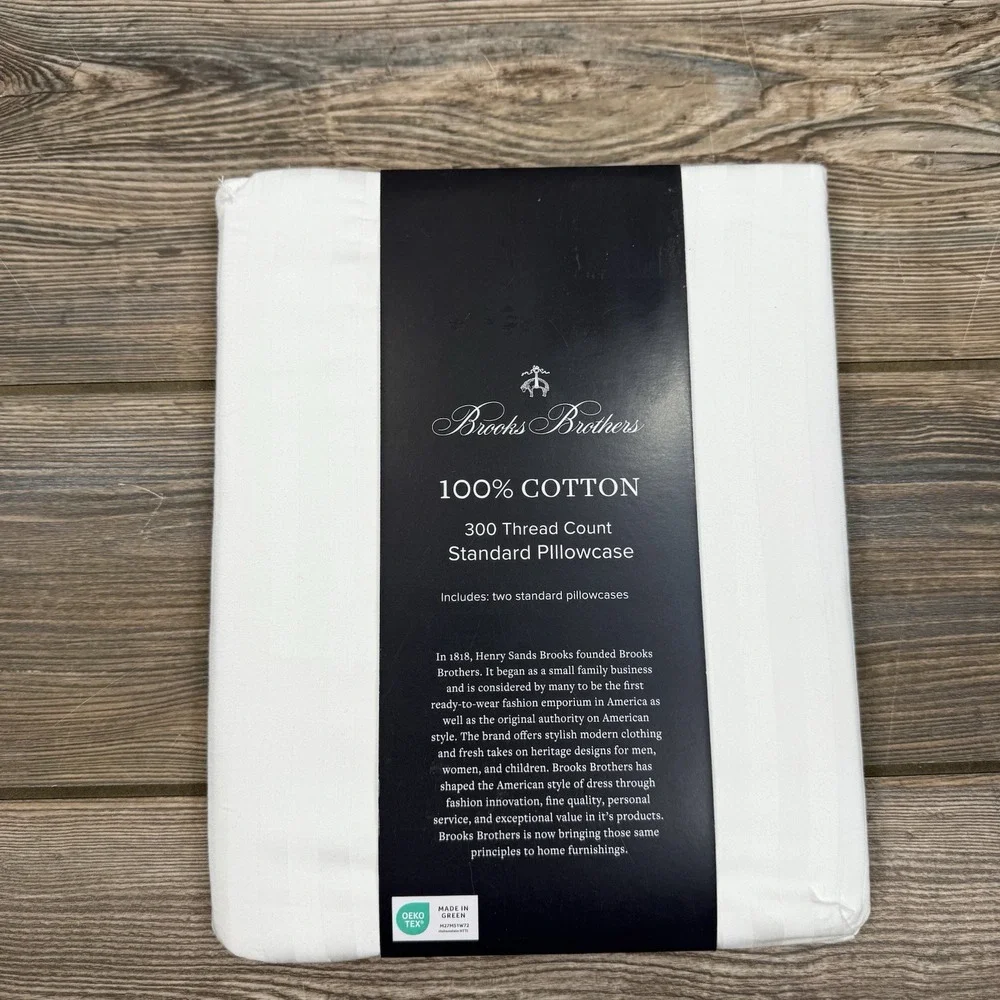 Brooks Brothers 300 TC Sateen Shadow Stripe Pillowcases White Standard Queen NWT